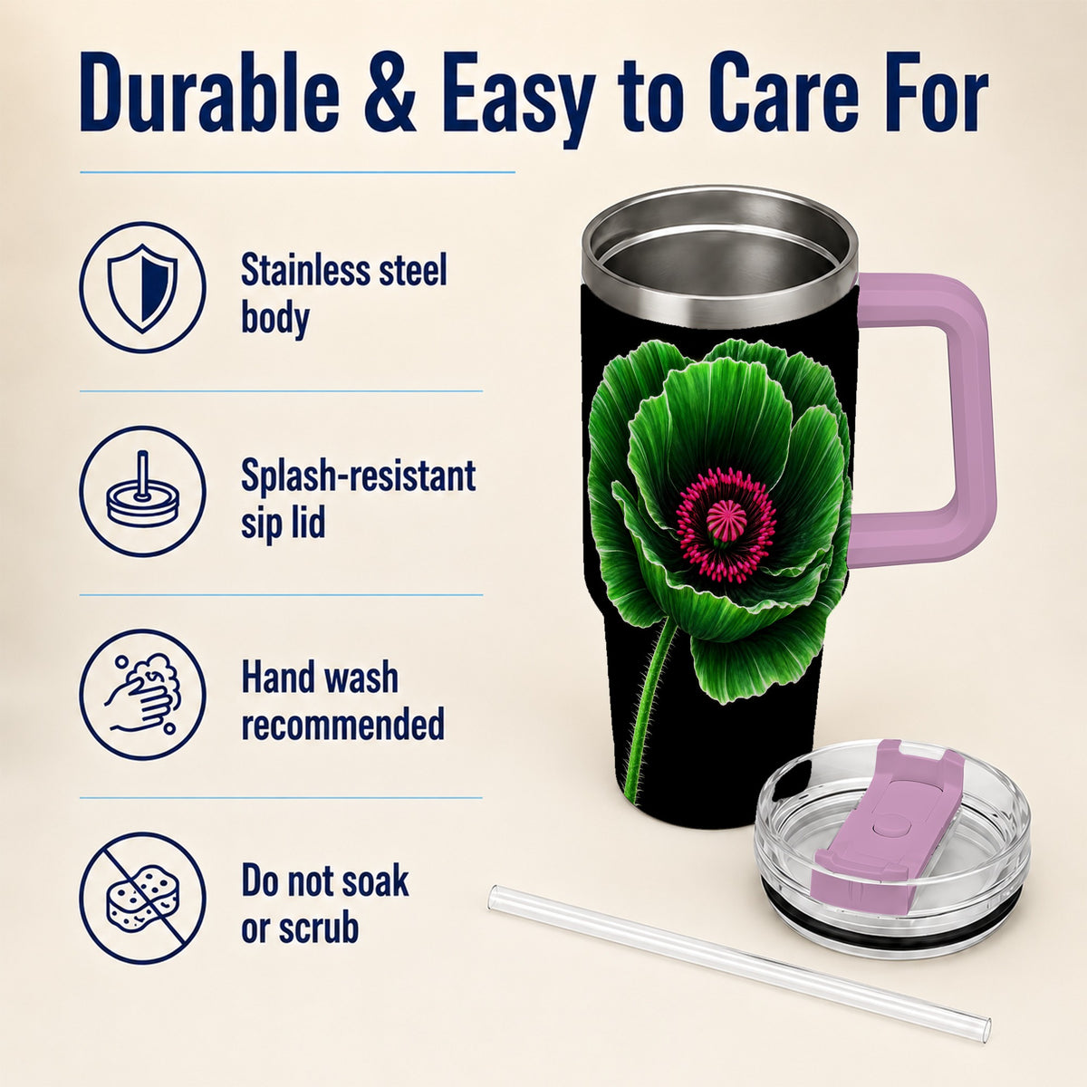 #pl[40oz|Pink] Green Poppy 40oz Tumbler with Handle, Botanical Flower Travel Cup