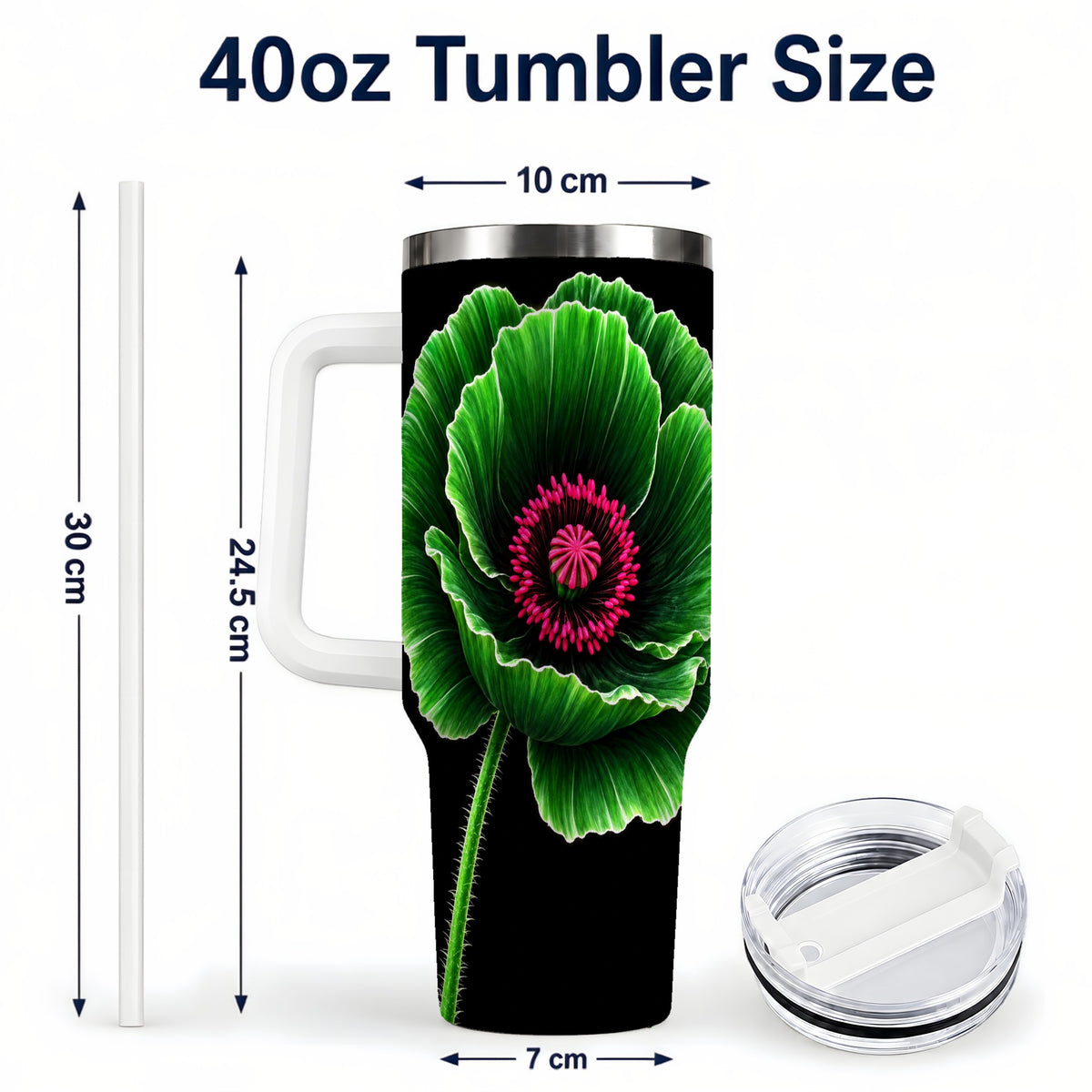 #pl[40oz|White] Green Poppy 40oz Tumbler with Handle, Botanical Flower Travel Cup
