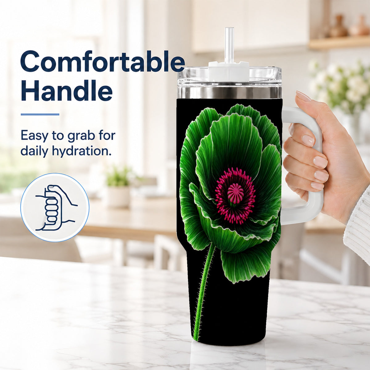 #pl[40oz|White] Green Poppy 40oz Tumbler with Handle, Botanical Flower Travel Cup