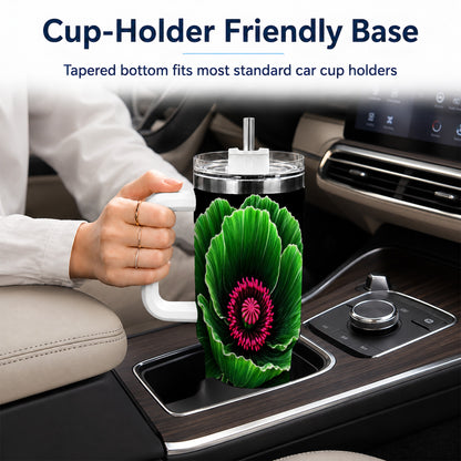 #pl[40oz|White] Green Poppy 40oz Tumbler with Handle, Botanical Flower Travel Cup