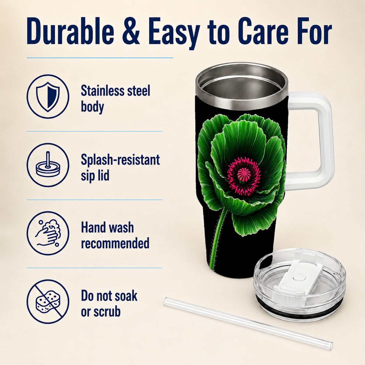 #pl[40oz|White] Green Poppy 40oz Tumbler with Handle, Botanical Flower Travel Cup