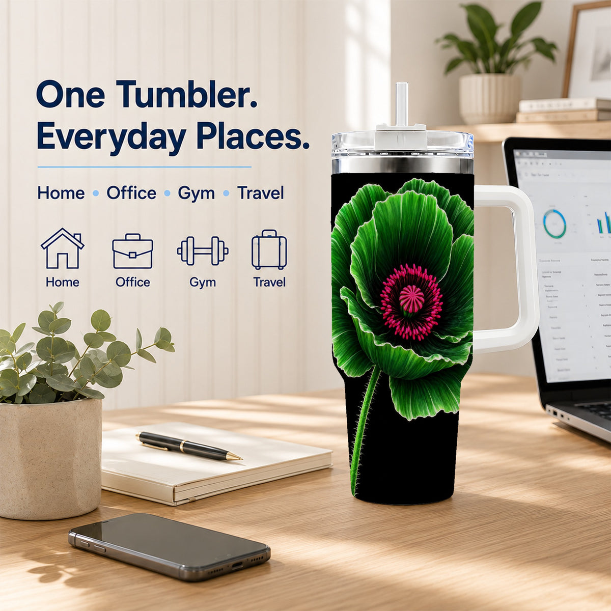 #pl[40oz|White] Green Poppy 40oz Tumbler with Handle, Botanical Flower Travel Cup