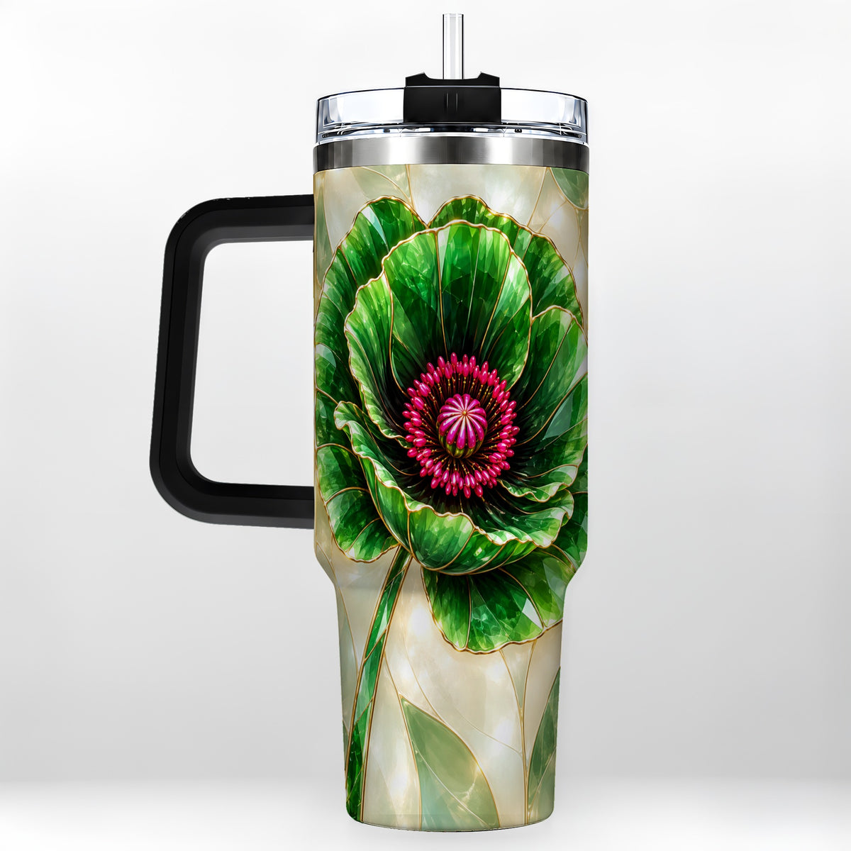#pl[40oz|Black] Emerald Poppy 40oz Tumbler with Handle, Stained Glass Style Travel Cup