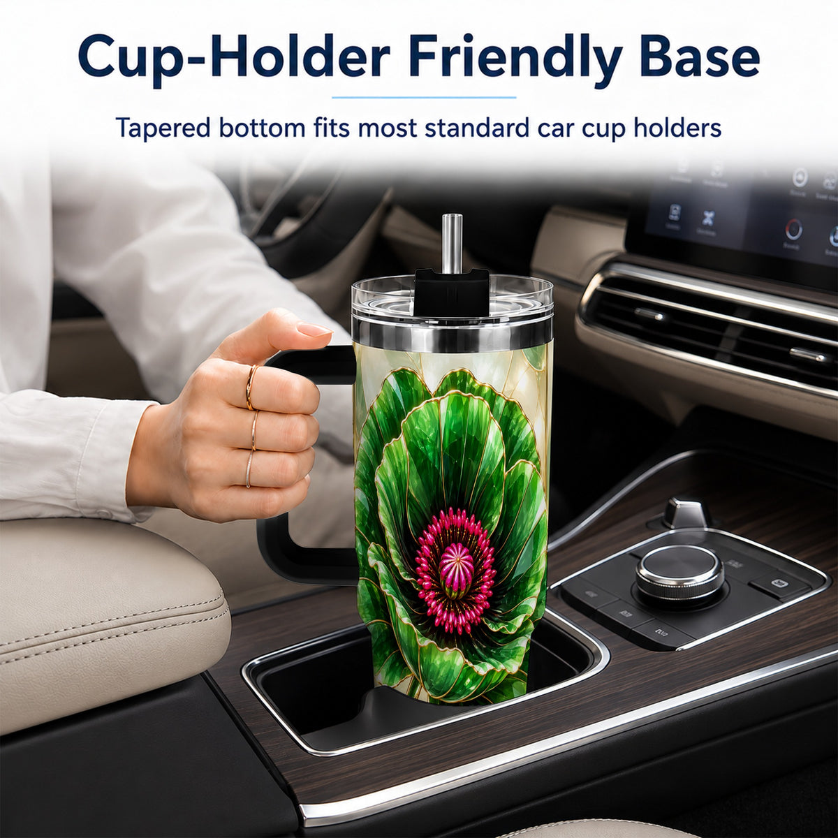#pl[40oz|Black] Emerald Poppy 40oz Tumbler with Handle, Stained Glass Style Travel Cup