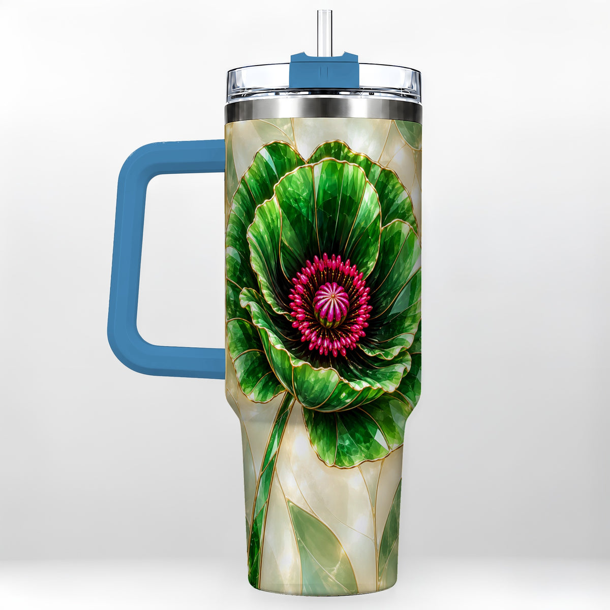 #pl[40oz|Blue] Emerald Poppy 40oz Tumbler with Handle, Stained Glass Style Travel Cup
