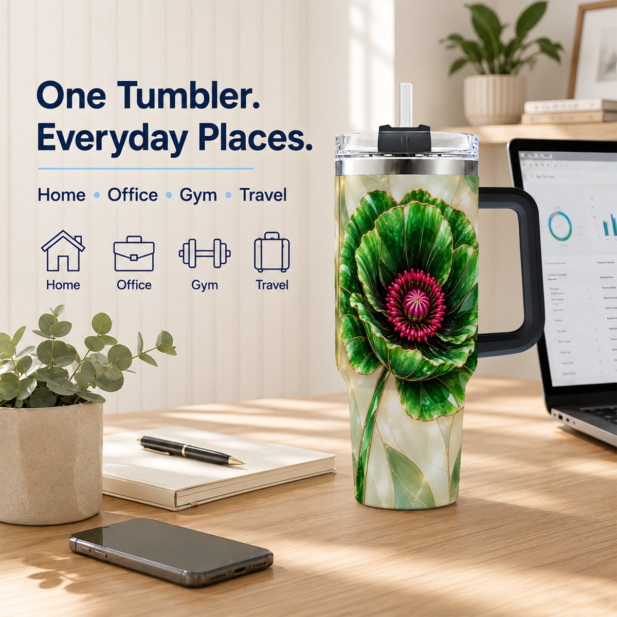 #pl[40oz|Black] Emerald Poppy 40oz Tumbler with Handle, Stained Glass Style Travel Cup