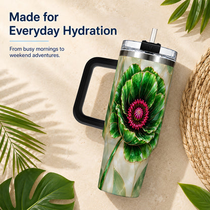 #pl[40oz|Black] Emerald Poppy 40oz Tumbler with Handle, Stained Glass Style Travel Cup