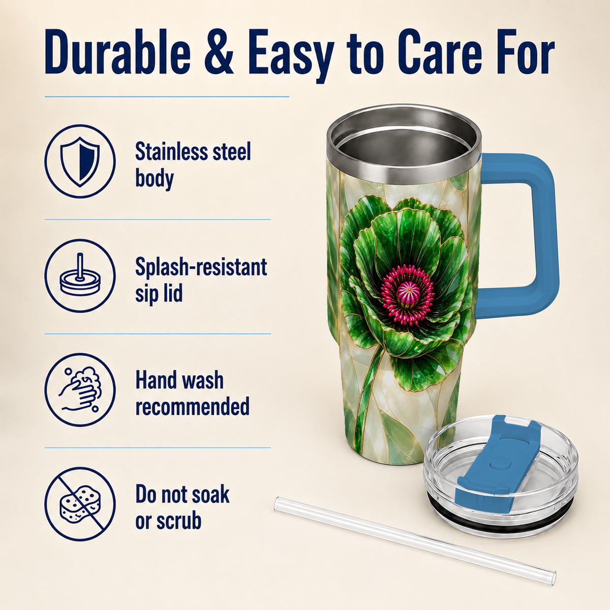 #pl[40oz|Blue] Emerald Poppy 40oz Tumbler with Handle, Stained Glass Style Travel Cup