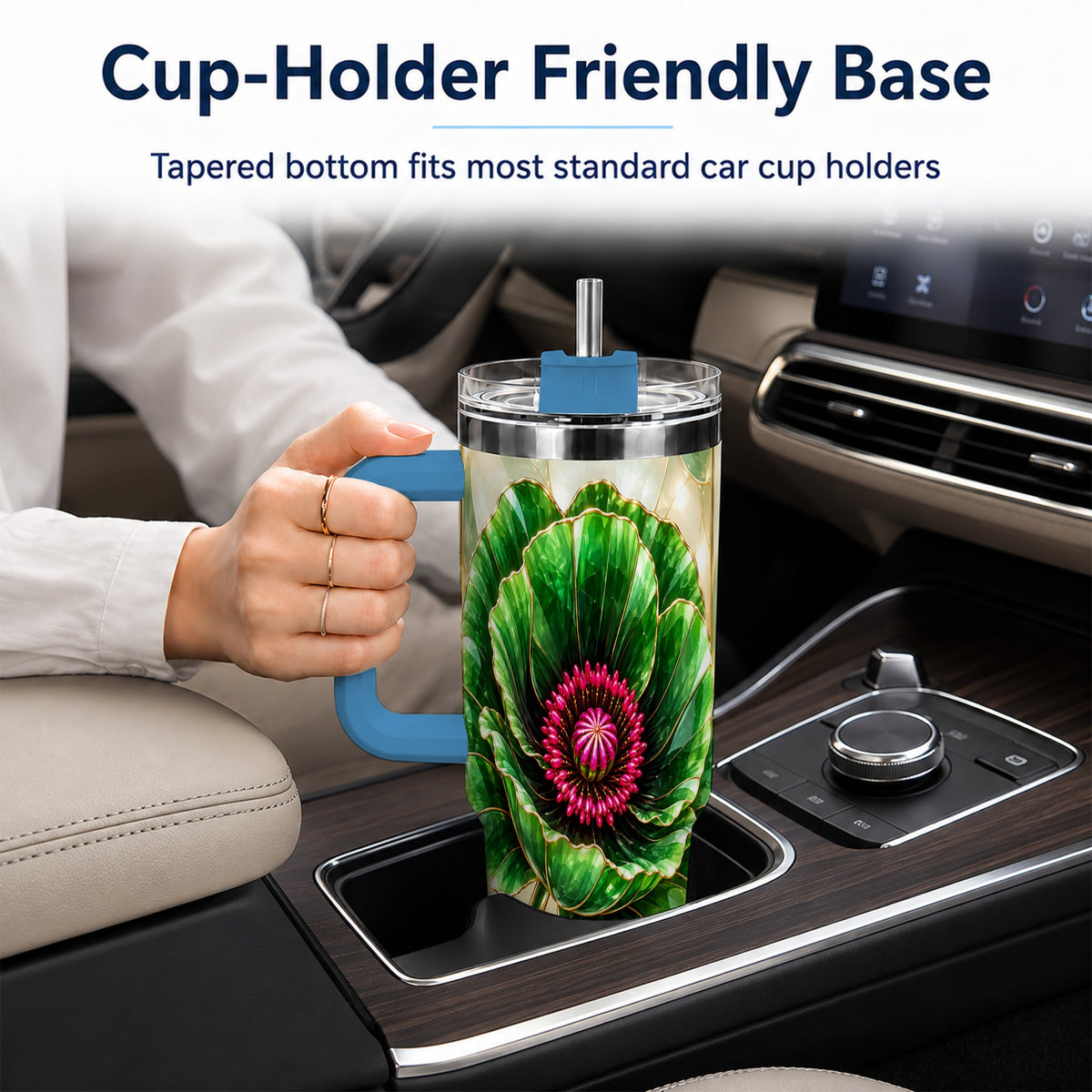 #pl[40oz|Blue] Emerald Poppy 40oz Tumbler with Handle, Stained Glass Style Travel Cup