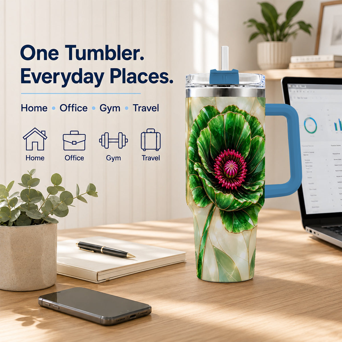 #pl[40oz|Blue] Emerald Poppy 40oz Tumbler with Handle, Stained Glass Style Travel Cup