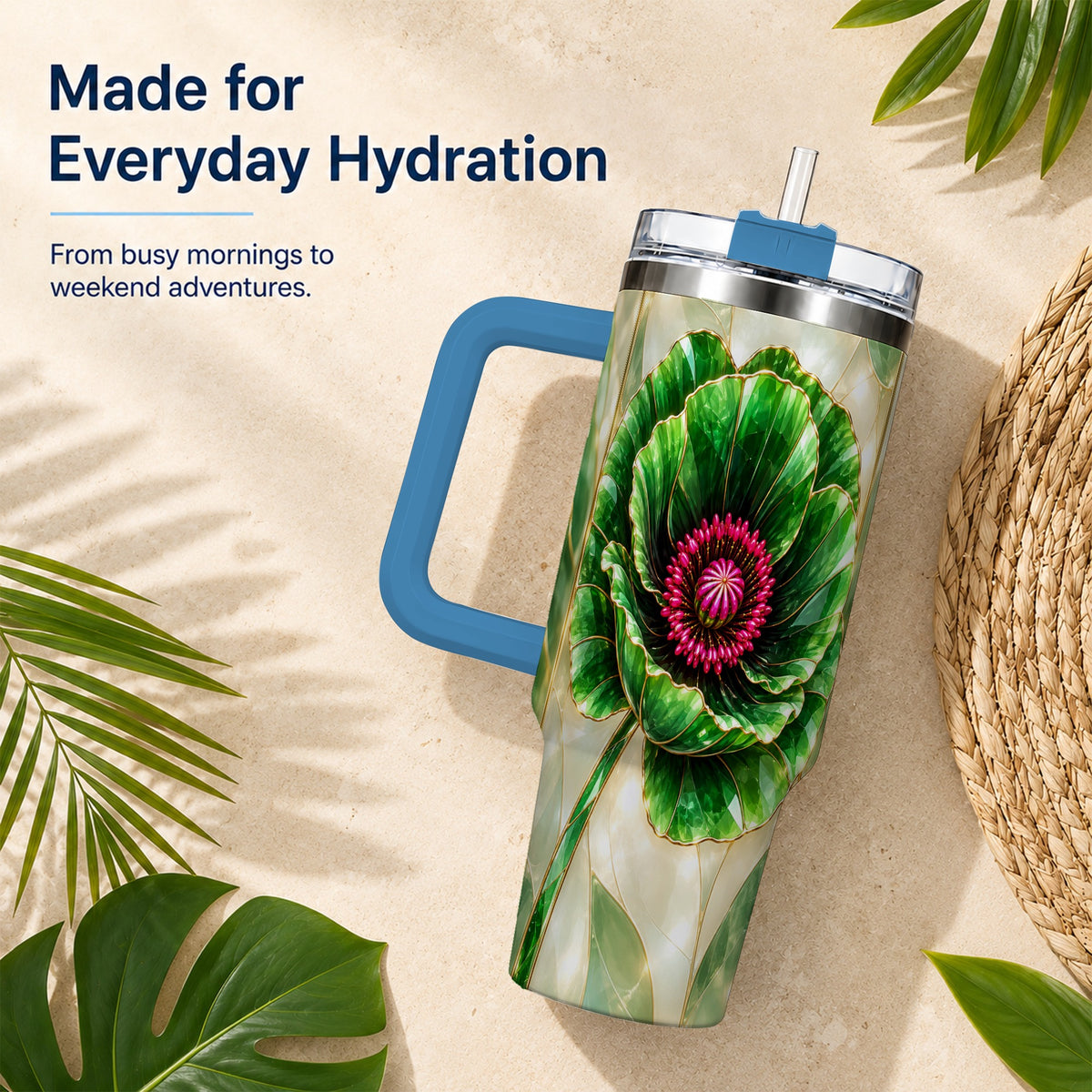 #pl[40oz|Blue] Emerald Poppy 40oz Tumbler with Handle, Stained Glass Style Travel Cup