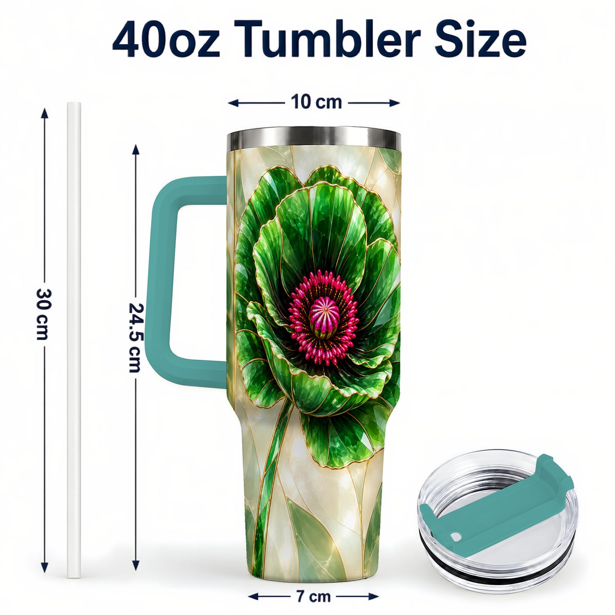 #pl[40oz|Green] Emerald Poppy 40oz Tumbler with Handle, Stained Glass Style Travel Cup