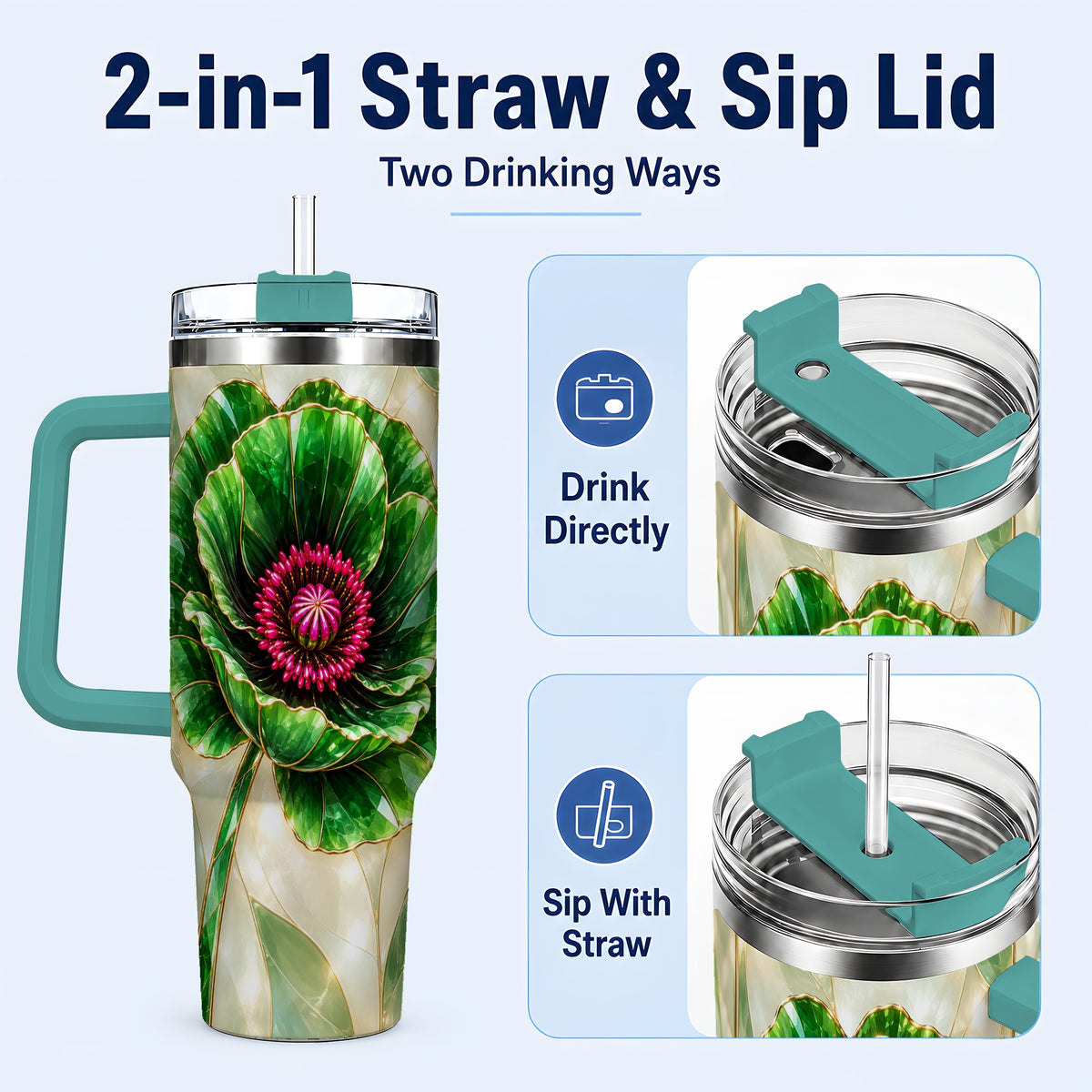 #pl[40oz|Green] Emerald Poppy 40oz Tumbler with Handle, Stained Glass Style Travel Cup