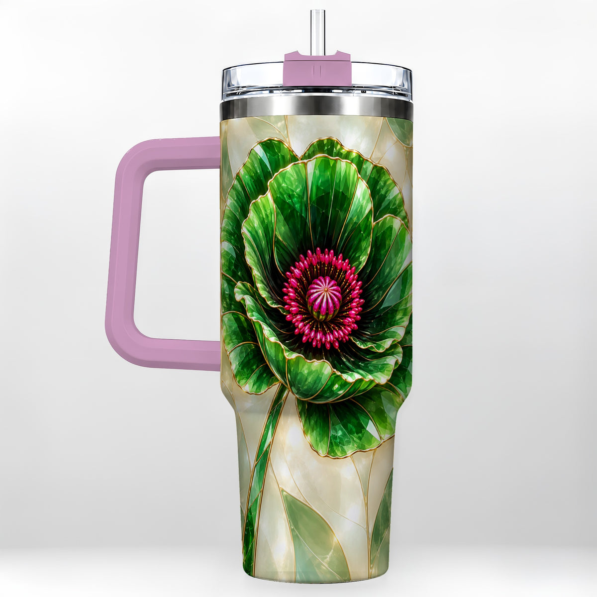 #pl[40oz|Pink] Emerald Poppy 40oz Tumbler with Handle, Stained Glass Style Travel Cup