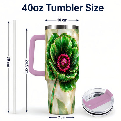 #pl[40oz|Pink] Emerald Poppy 40oz Tumbler with Handle, Stained Glass Style Travel Cup