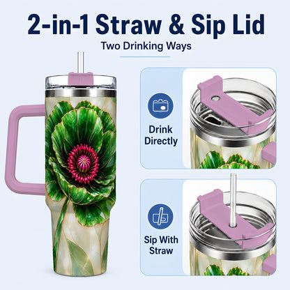 #pl[40oz|Pink] Emerald Poppy 40oz Tumbler with Handle, Stained Glass Style Travel Cup