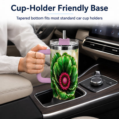 #pl[40oz|Pink] Emerald Poppy 40oz Tumbler with Handle, Stained Glass Style Travel Cup
