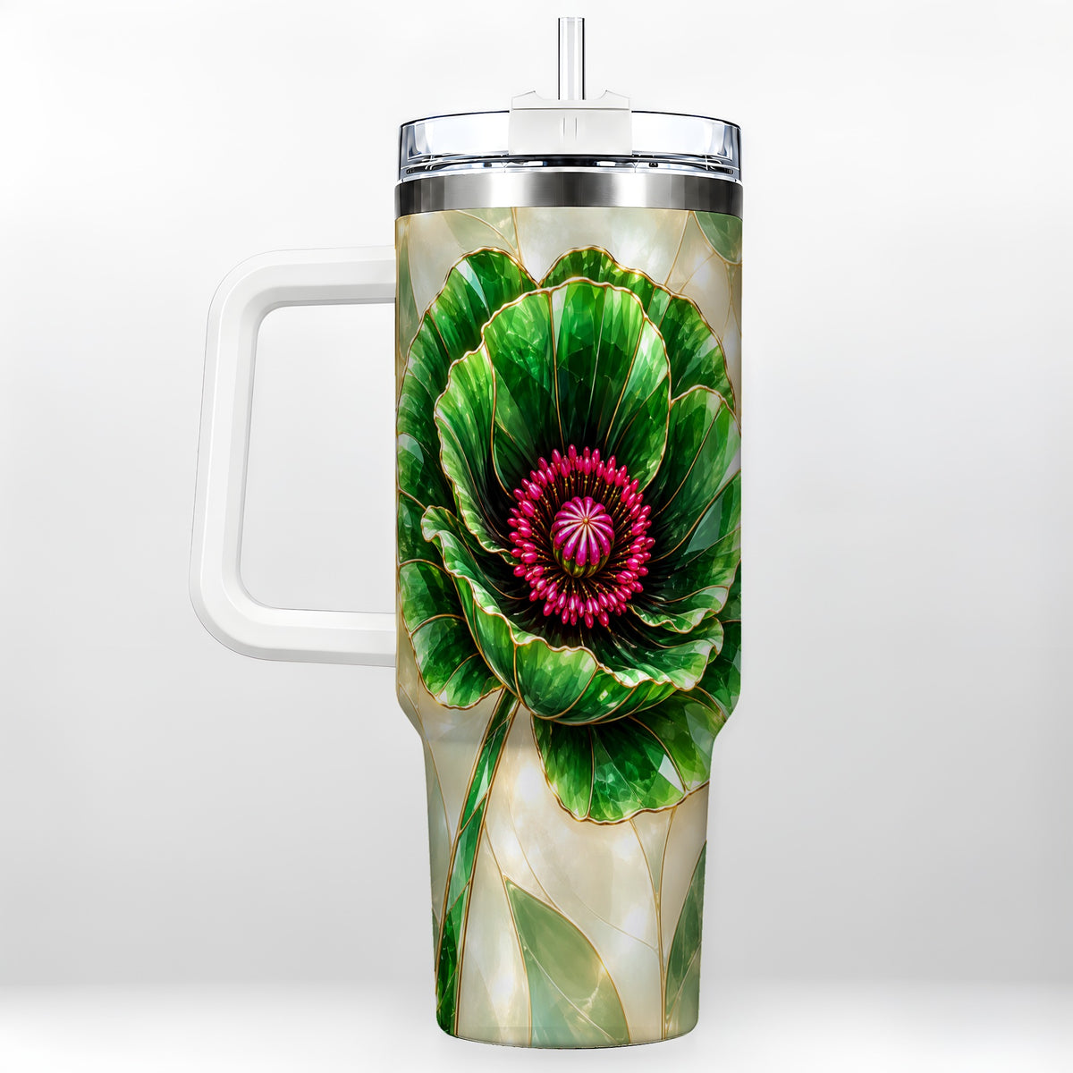 Emerald Poppy 40oz Tumbler with Handle, Stained Glass Style Travel Cup