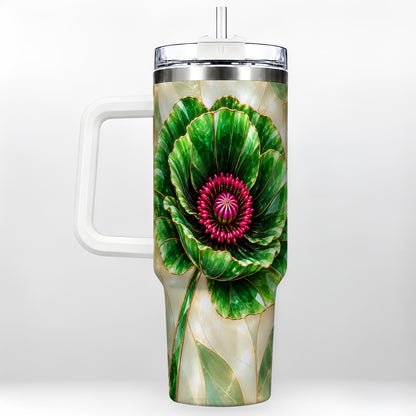 Emerald Poppy 40oz Tumbler with Handle, Stained Glass Style Travel Cup