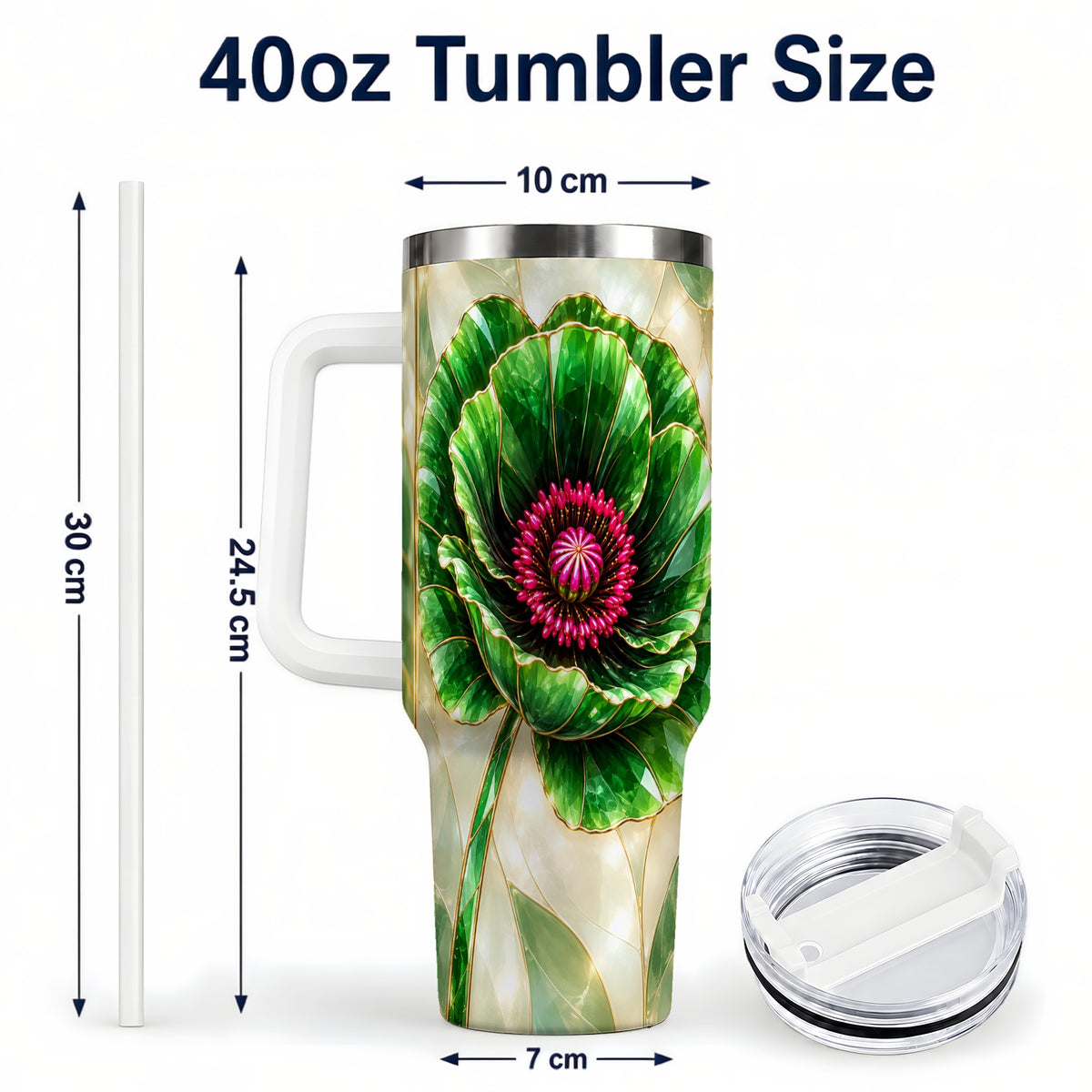 #pl[40oz|White] Emerald Poppy 40oz Tumbler with Handle, Stained Glass Style Travel Cup