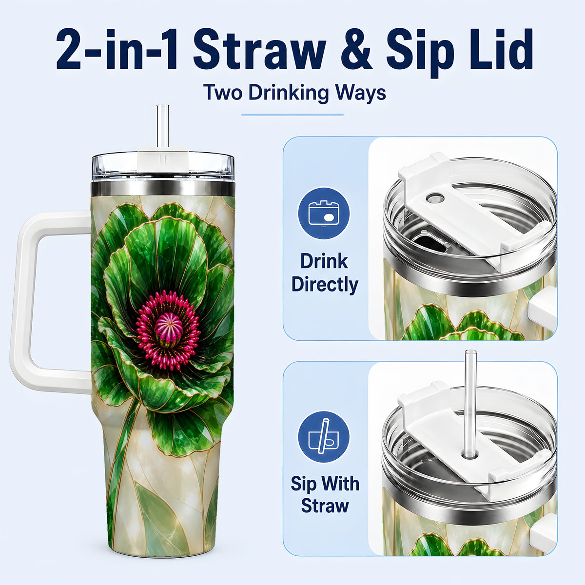 #pl[40oz|White] Emerald Poppy 40oz Tumbler with Handle, Stained Glass Style Travel Cup