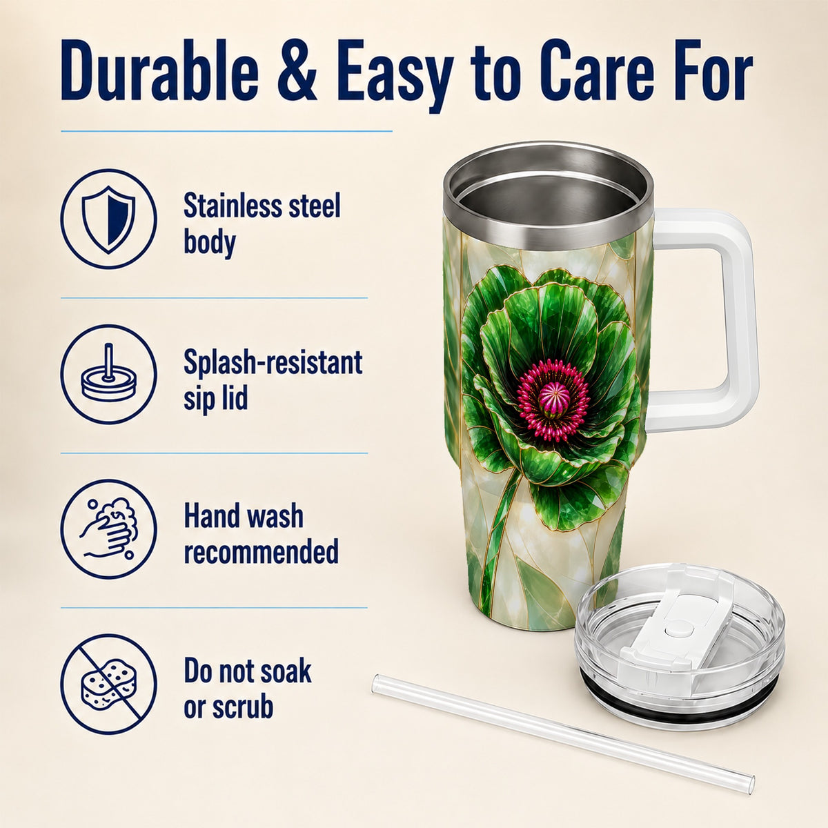 #pl[40oz|White] Emerald Poppy 40oz Tumbler with Handle, Stained Glass Style Travel Cup
