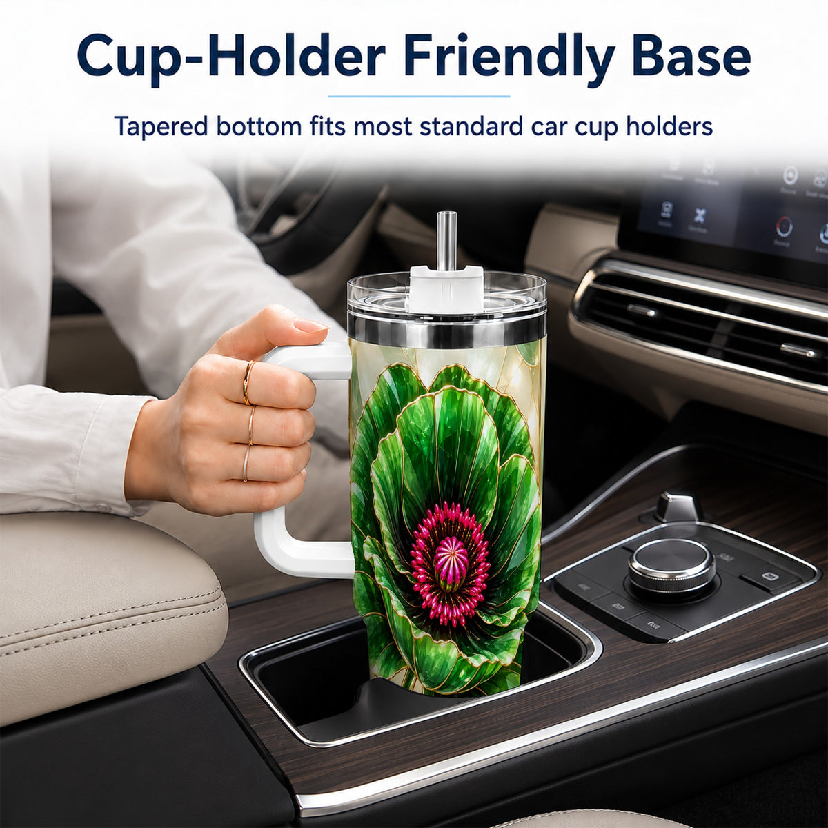 #pl[40oz|White] Emerald Poppy 40oz Tumbler with Handle, Stained Glass Style Travel Cup