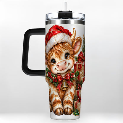 #pl[40oz|Black] Christmas Highland Cow 40oz Tumbler with Handle, Holly Travel Cup