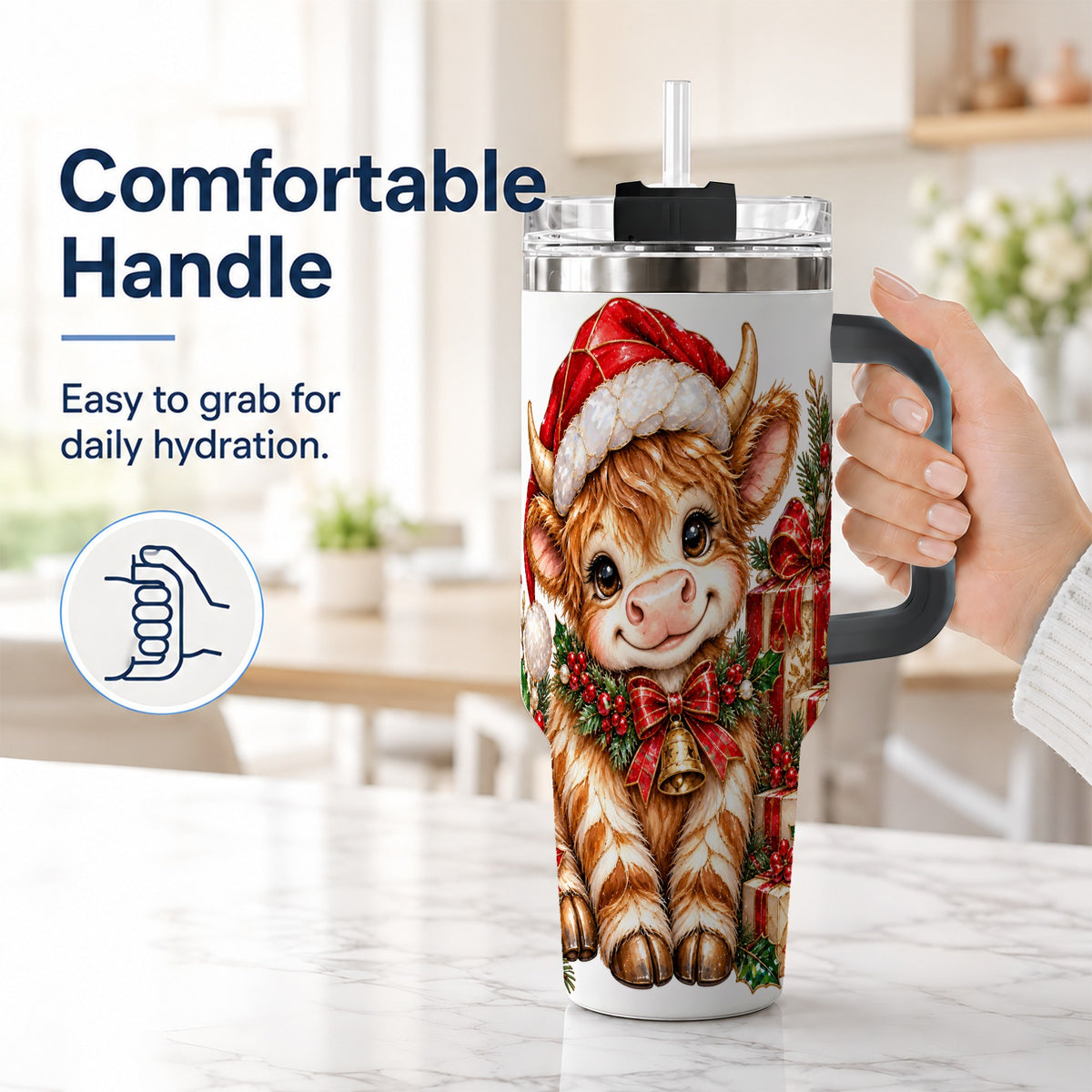 #pl[40oz|Black] Christmas Highland Cow 40oz Tumbler with Handle, Holly Travel Cup