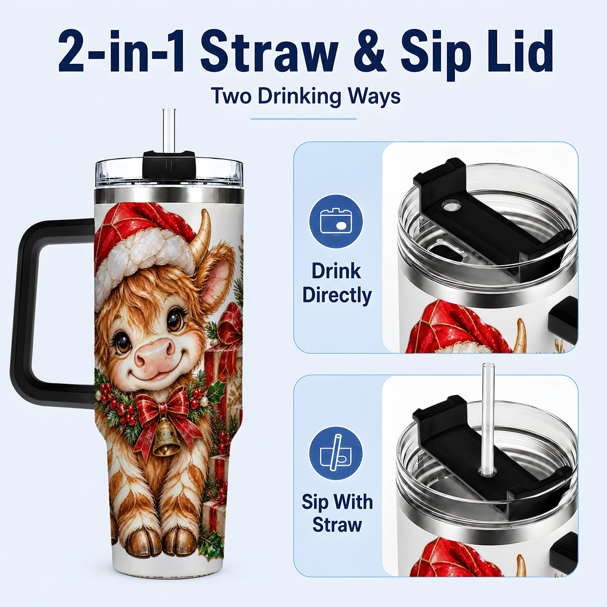 #pl[40oz|Black] Christmas Highland Cow 40oz Tumbler with Handle, Holly Travel Cup