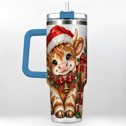 #pl[40oz|Blue] Christmas Highland Cow 40oz Tumbler with Handle, Holly Travel Cup