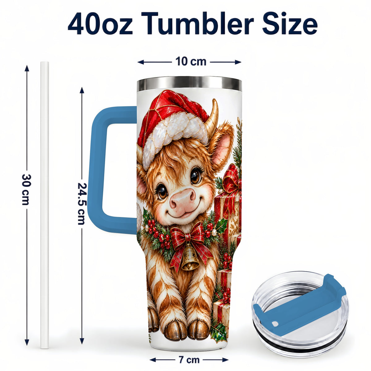 #pl[40oz|Blue] Christmas Highland Cow 40oz Tumbler with Handle, Holly Travel Cup