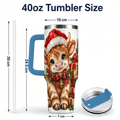 #pl[40oz|Blue] Christmas Highland Cow 40oz Tumbler with Handle, Holly Travel Cup