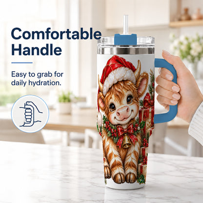 #pl[40oz|Blue] Christmas Highland Cow 40oz Tumbler with Handle, Holly Travel Cup