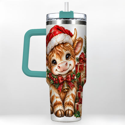 #pl[40oz|Green] Christmas Highland Cow 40oz Tumbler with Handle, Holly Travel Cup