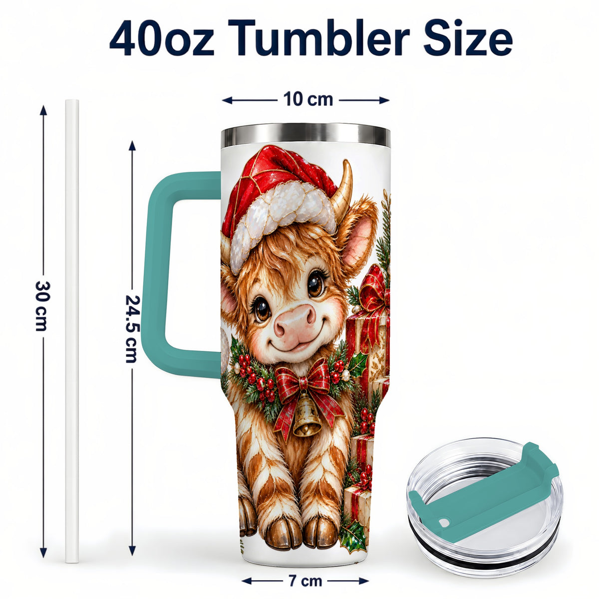 #pl[40oz|Green] Christmas Highland Cow 40oz Tumbler with Handle, Holly Travel Cup