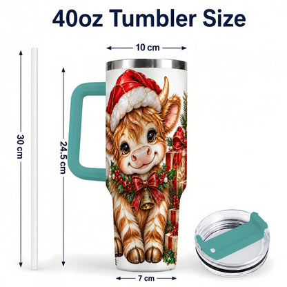 #pl[40oz|Green] Christmas Highland Cow 40oz Tumbler with Handle, Holly Travel Cup