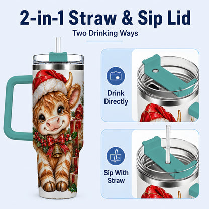 #pl[40oz|Green] Christmas Highland Cow 40oz Tumbler with Handle, Holly Travel Cup