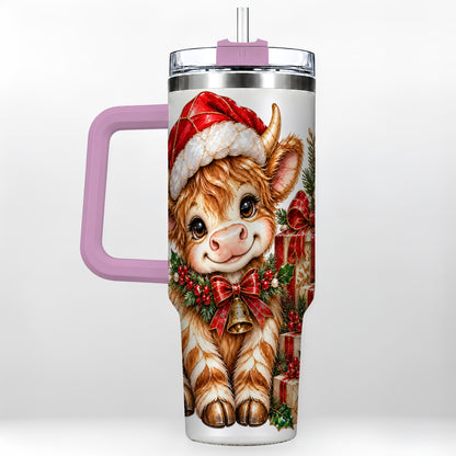 #pl[40oz|Pink] Christmas Highland Cow 40oz Tumbler with Handle, Holly Travel Cup