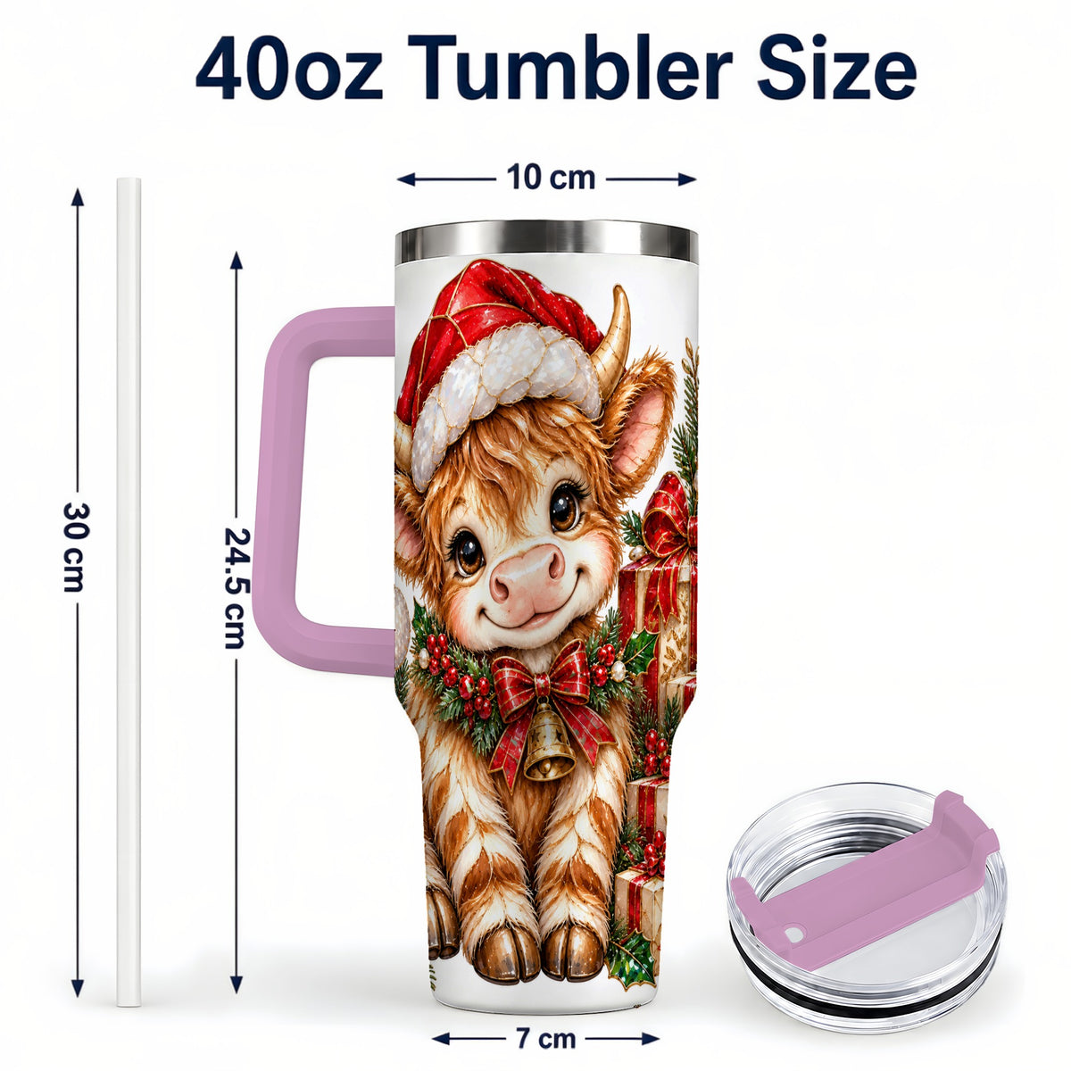 #pl[40oz|Pink] Christmas Highland Cow 40oz Tumbler with Handle, Holly Travel Cup