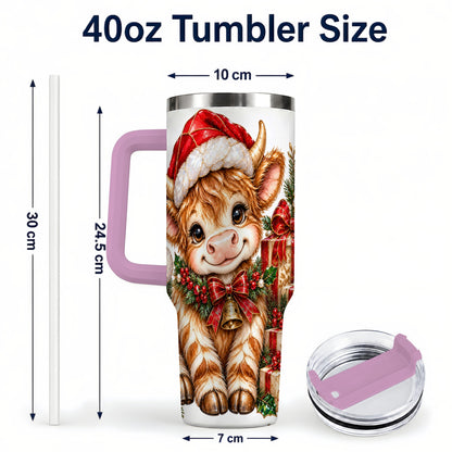 #pl[40oz|Pink] Christmas Highland Cow 40oz Tumbler with Handle, Holly Travel Cup