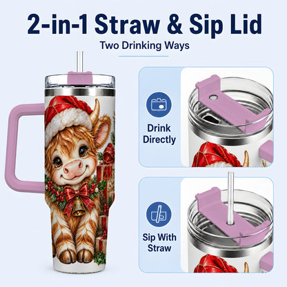 #pl[40oz|Pink] Christmas Highland Cow 40oz Tumbler with Handle, Holly Travel Cup