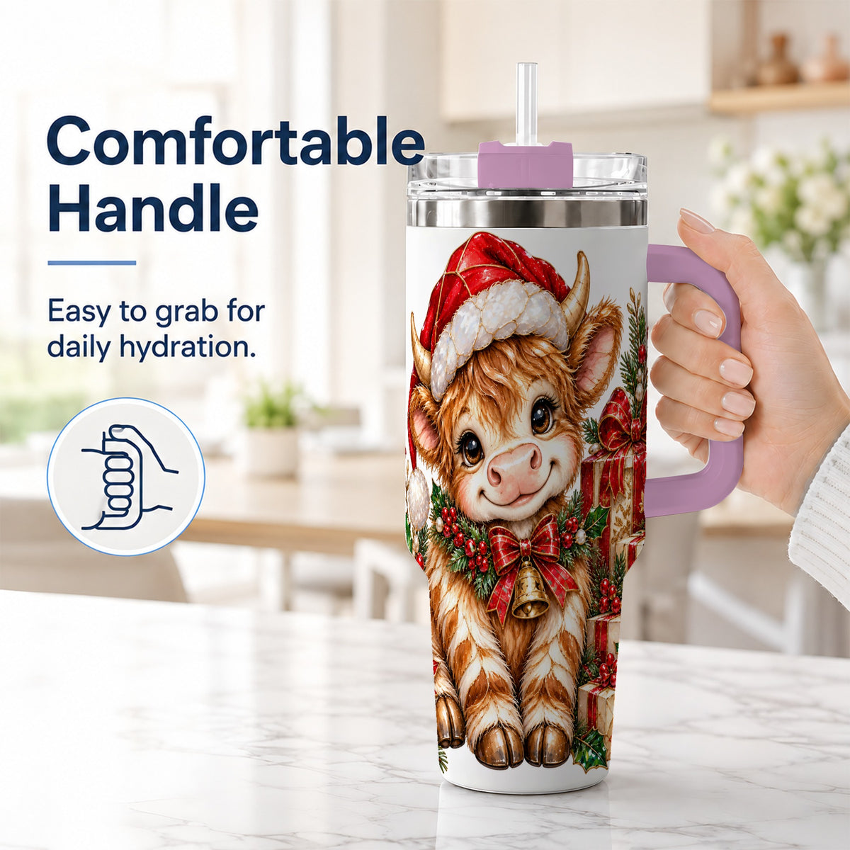 #pl[40oz|Pink] Christmas Highland Cow 40oz Tumbler with Handle, Holly Travel Cup