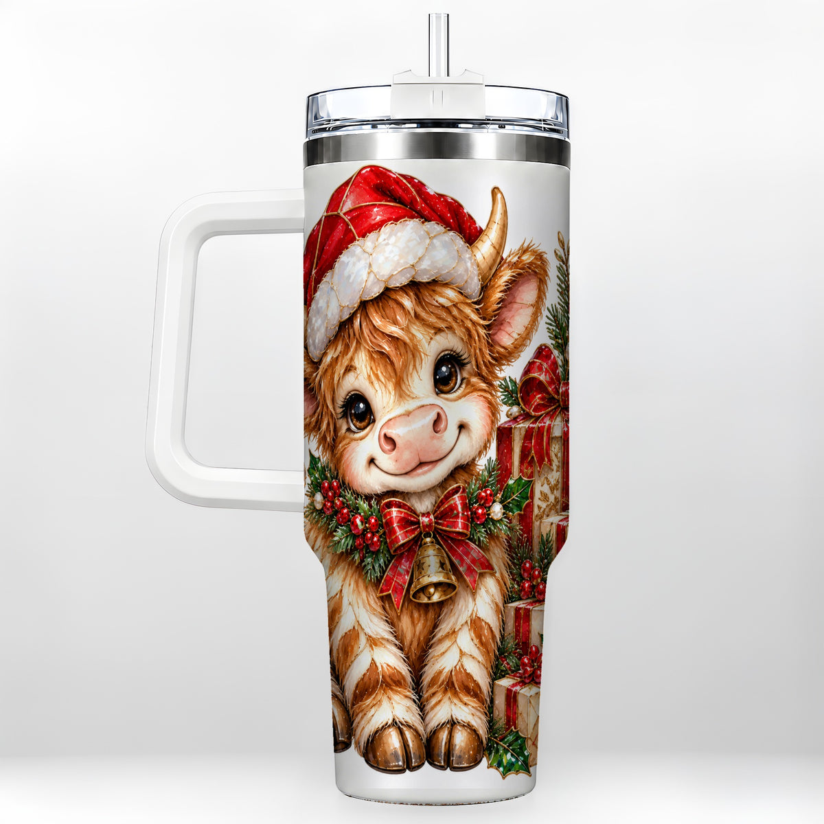 #pl[40oz|White] Christmas Highland Cow 40oz Tumbler with Handle, Holly Travel Cup