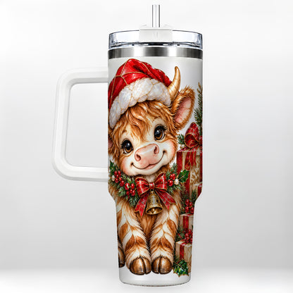 #pl[40oz|White] Christmas Highland Cow 40oz Tumbler with Handle, Holly Travel Cup