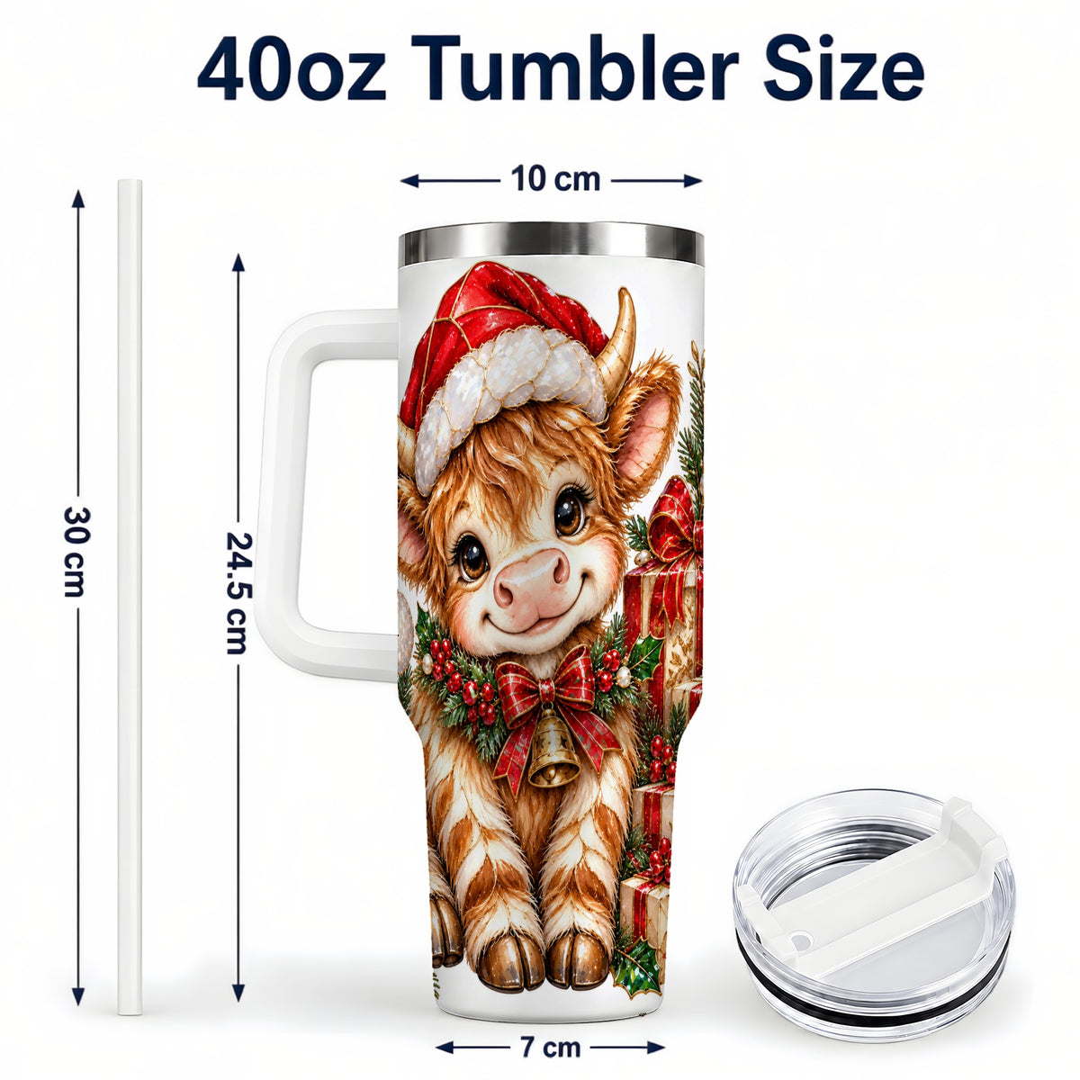 #pl[40oz|White] Christmas Highland Cow 40oz Tumbler with Handle, Holly Travel Cup