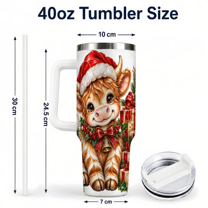 #pl[40oz|White] Christmas Highland Cow 40oz Tumbler with Handle, Holly Travel Cup