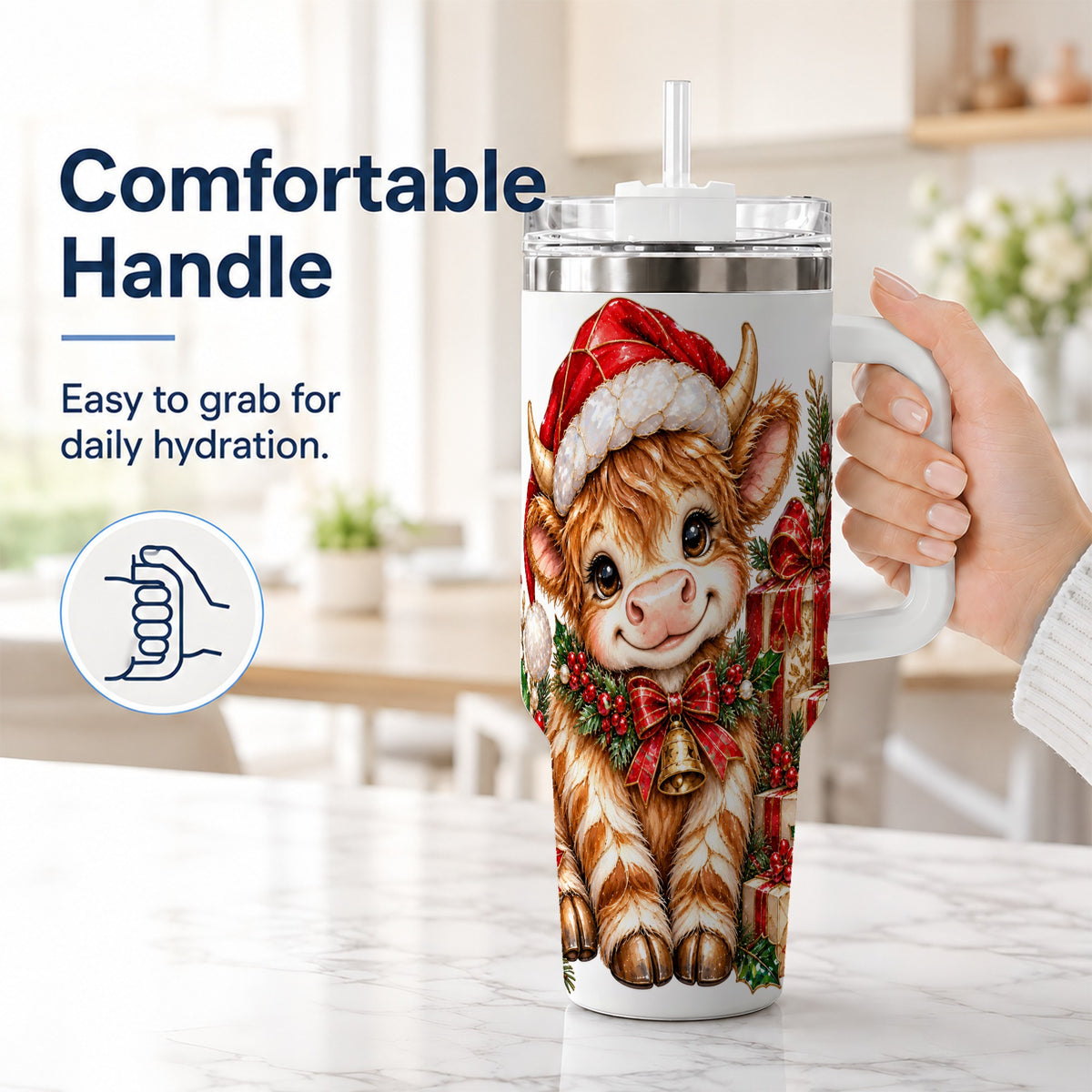 #pl[40oz|White] Christmas Highland Cow 40oz Tumbler with Handle, Holly Travel Cup