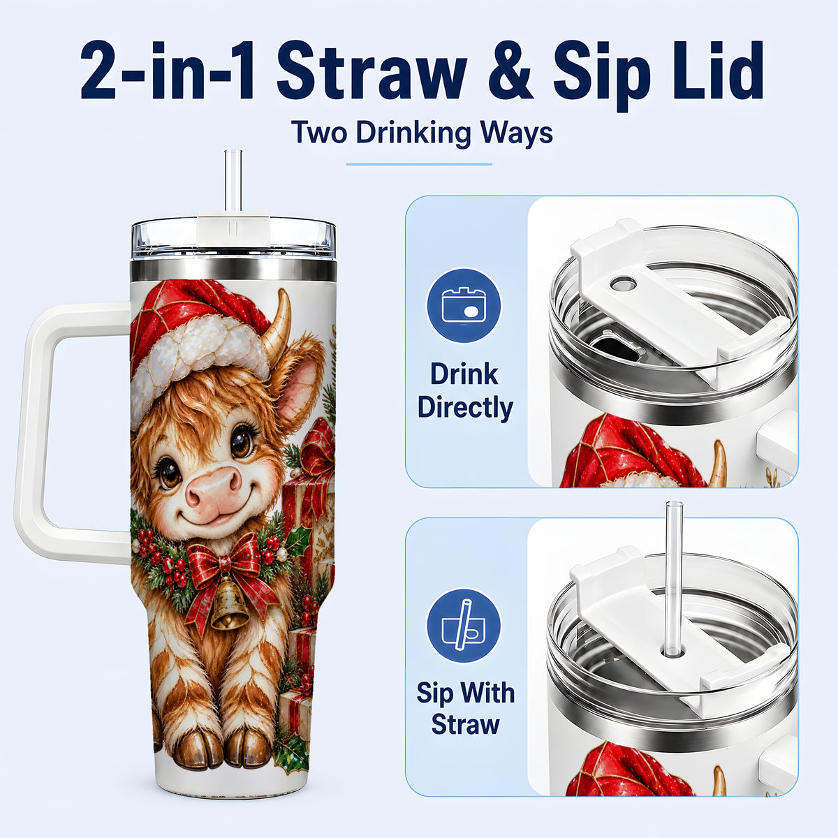 #pl[40oz|White] Christmas Highland Cow 40oz Tumbler with Handle, Holly Travel Cup