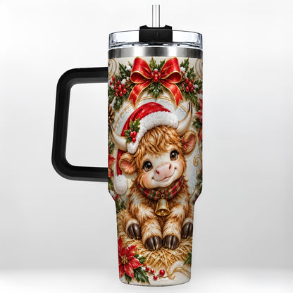 #pl[40oz|Black] Christmas Highland Cow 40oz Tumbler with Handle, Poinsettia Travel Cup